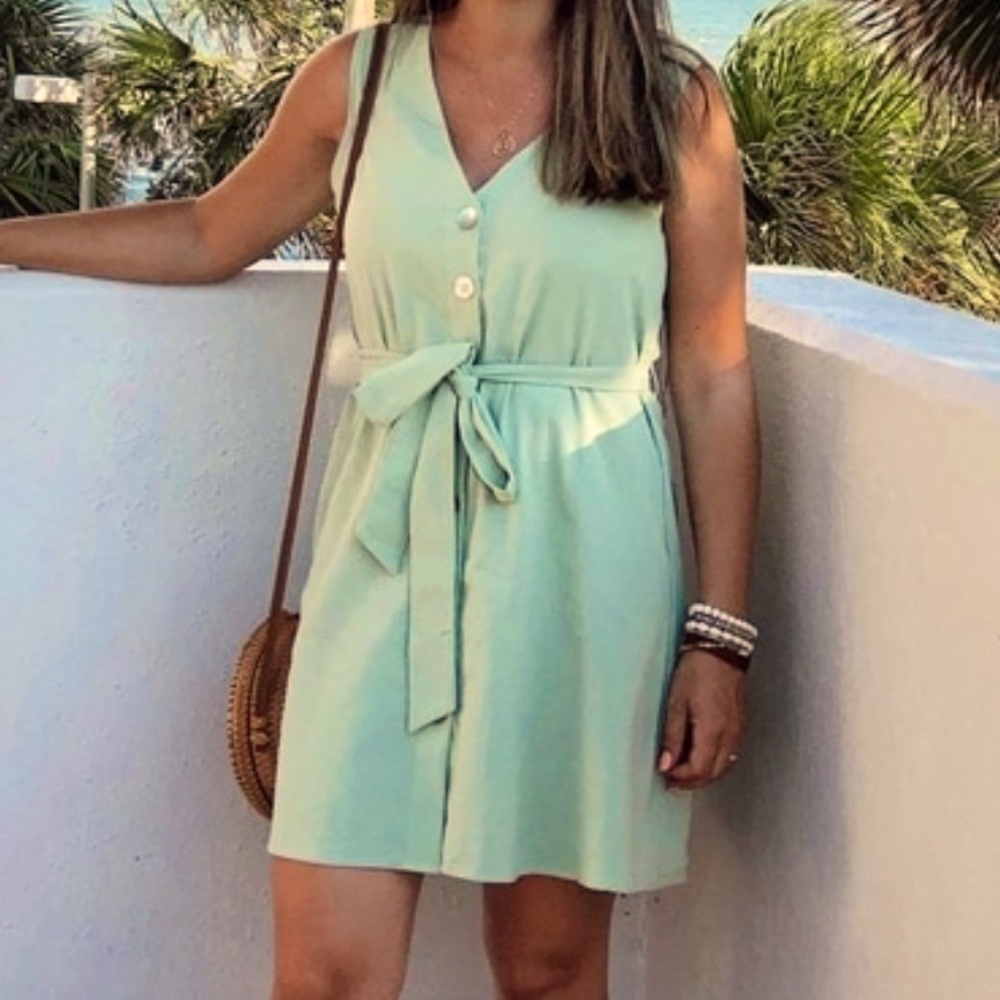 Plain Mint Green Button Front Belted Sleeveless D… - image 8